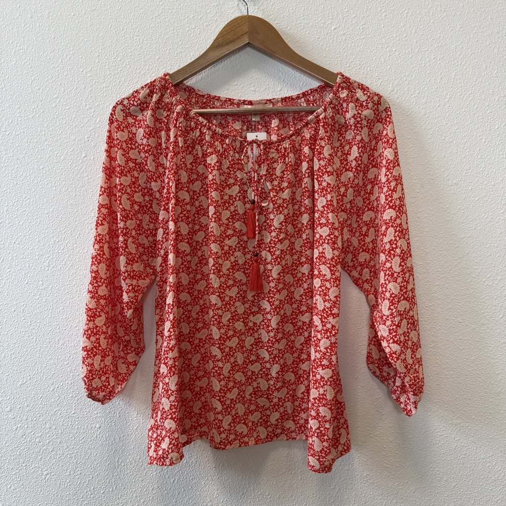 Skies Are Blue Womens Red Blouse Paisley Long Sleeve Scoop Neck Size Small